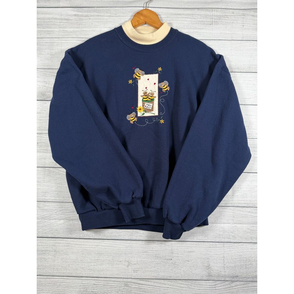 Vintage Endless Designs Bee Embroidered Mock Neck Sweatshirt XL USA 4033